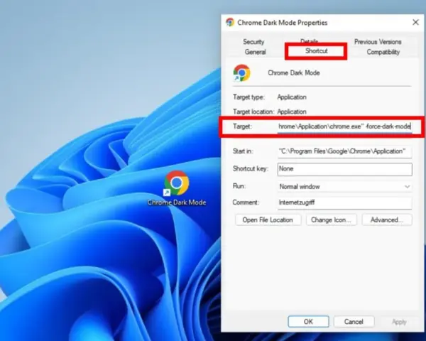 Immagine desktop Windows con icona "Chrome Dark Mode" e finestra proprietà. Il campo "Target" mostra il comando per attivare lo sfondo nero di Google Chrome.