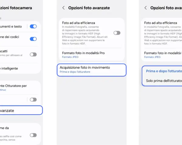 Impostazioni fotocamera Android: opzioni foto avanzate, acquisizione foto in movimento "Prima e dopo l'otturatore".