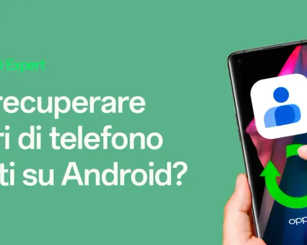 Guida OPPO Expert: come recuperare contatti cancellati su Android. Icona contatti e frecce di ripristino su uno smartphone.