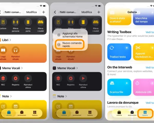 Schermate iPhone che mostrano la creazione di comandi rapidi, con opzioni per aggiungere nuove automazioni e gestire app.