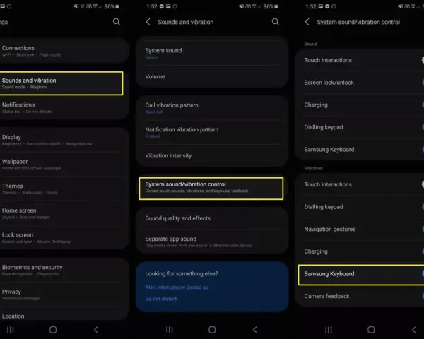 Impostazioni per togliere suono tastiera Samsung. Naviga in Suoni e vibrazione > Controllo suono/vibrazione di sistema.