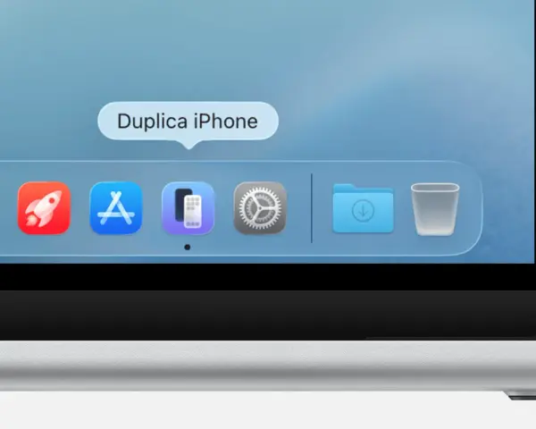Icona per condividere schermo iPhone su Mac. Barra delle applicazioni con icone per app, impostazioni, download e cestino.