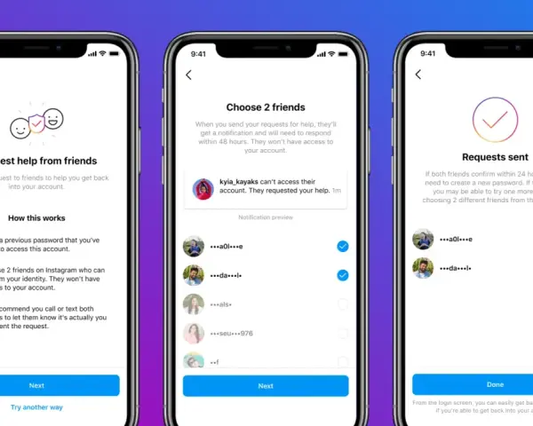 Schermate Instagram: richiesta aiuto amici per recuperare account. Se non è possibile accedere al tuo account, scegli 2 amici per confermare la tua identità.