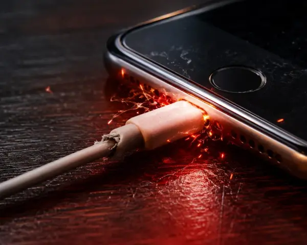 Un cavo di ricarica danneggiato provoca scintille e fiamme vicino alla porta del telefono, suggerendo una scheda madre del telefono bruciata.