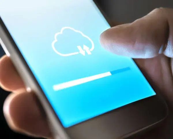 Dito cos'è il backup del cellulare: un'icona di nuvola con frecce indica il caricamento dei dati su uno smartphone, con una barra di avanzamento.