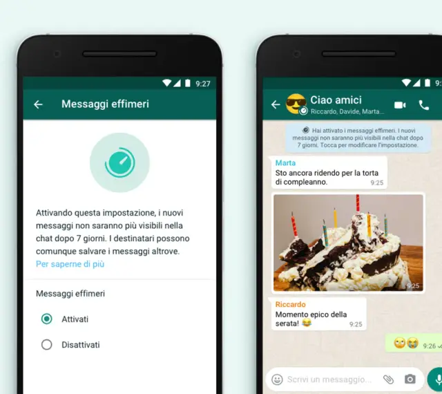 Schermata WhatsApp: attivando i messaggi effimeri, l'altro lo vede. La chat mostra un promemoria: i messaggi spariscono dopo 7 giorni.