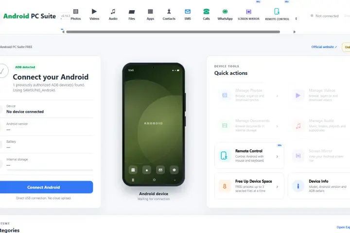 Interfaccia di Android PC Suite con ADB rilevato. In attesa di connessione dispositivo Android per gestione file e controllo remoto.