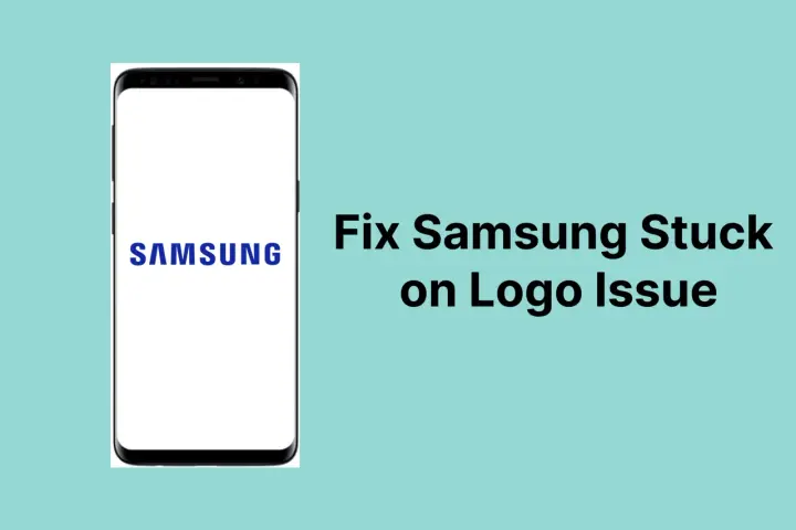 Schermata di un telefono Samsung bloccato sul logo, con testo che indica come risolvere il problema di spegnimento forzato Samsung.