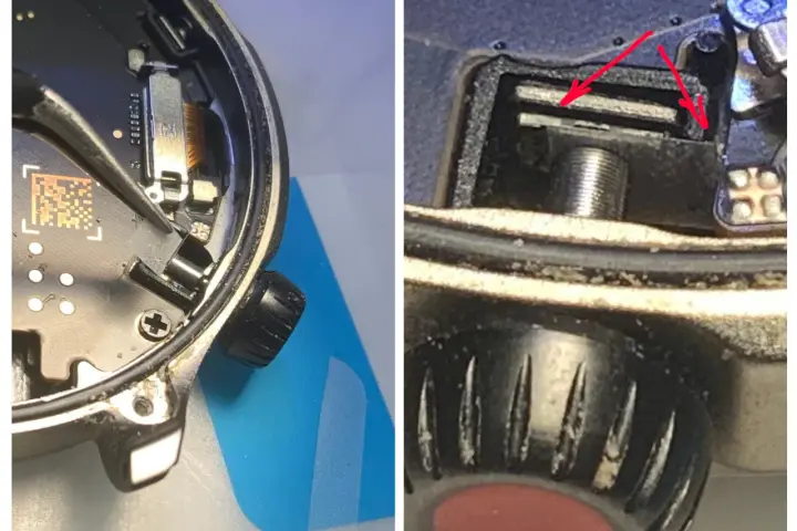 Dettaglio interno di uno smartwatch, forse un Amazfit GTR 4, con pinzette che manipolano un cavo flessibile. Si notano possibili problemi di assemblaggio o usura.