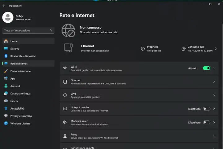Impostazioni di Rete e Internet: "Non è possibile connettersi a questa rete". Wi-Fi attivo, Ethernet non disponibile.