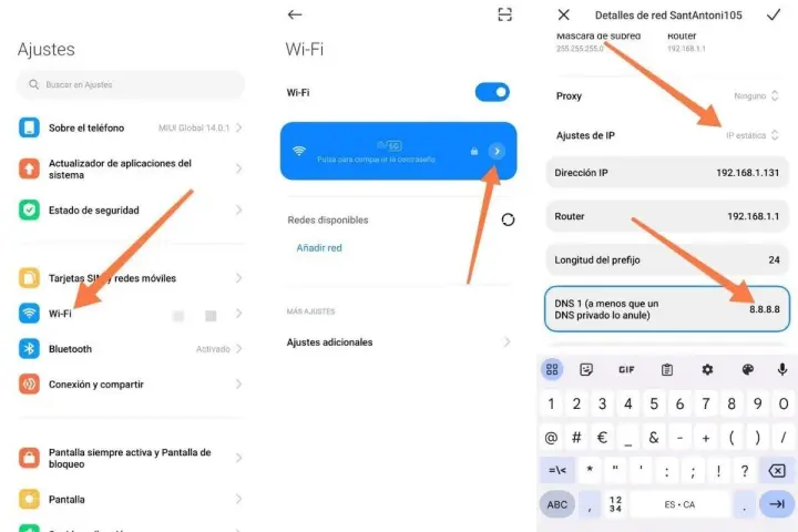 Configurazione DNS su Android: imposta 8.8.8.8 per i migliori DNS.