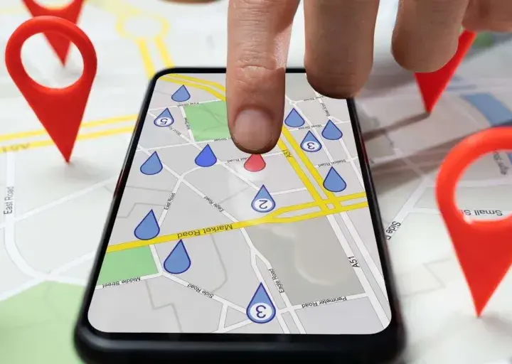 Dita la mappa con puntatori rossi, un dito tocca uno smartphone che mostra una mappa con gocce d'acqua, simulando gli spostamenti su Google Maps.