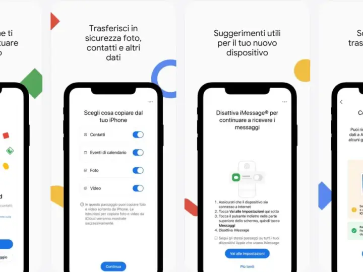 Schermate di un'app per il **cambio cellulare** e **trasferimento dati** da iPhone ad Android, con opzioni per copiare foto, contatti e video.