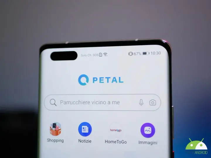 Schermata di uno smartphone con l'app Petal. La barra di ricerca mostra "Parrucchiere vicino a me", suggerendo una ricerca Petal per servizi locali.