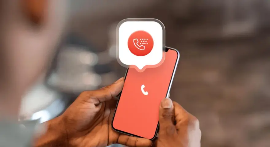 Mani che tengono uno smartphone con un'icona di chiamata e un fumetto che spiega come bloccare i numeri privati.