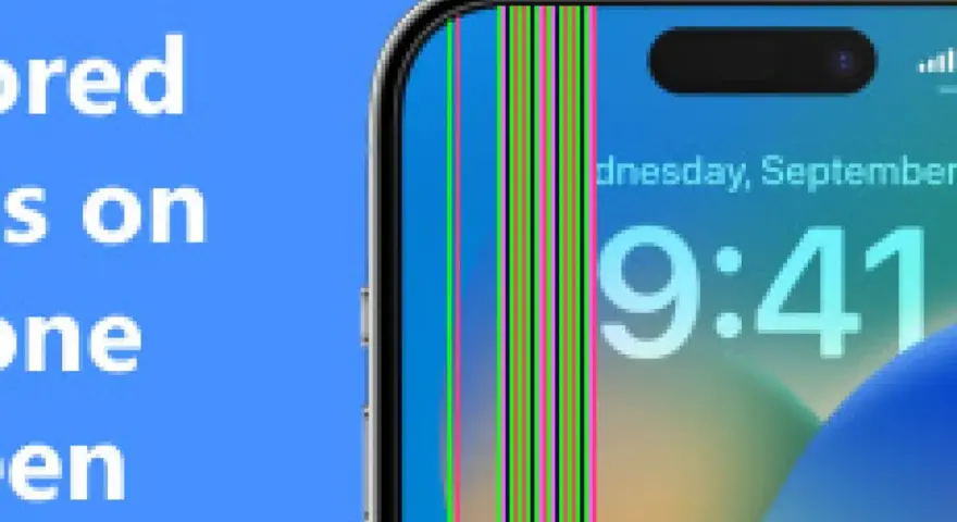 Schermo di un telefono con una riga verticale colorata che attraversa l'ora e la data.