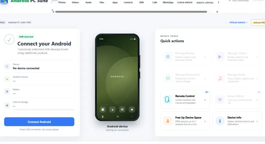 Interfaccia di Android PC Suite con ADB rilevato. In attesa di connessione dispositivo Android per gestione file e controllo remoto.