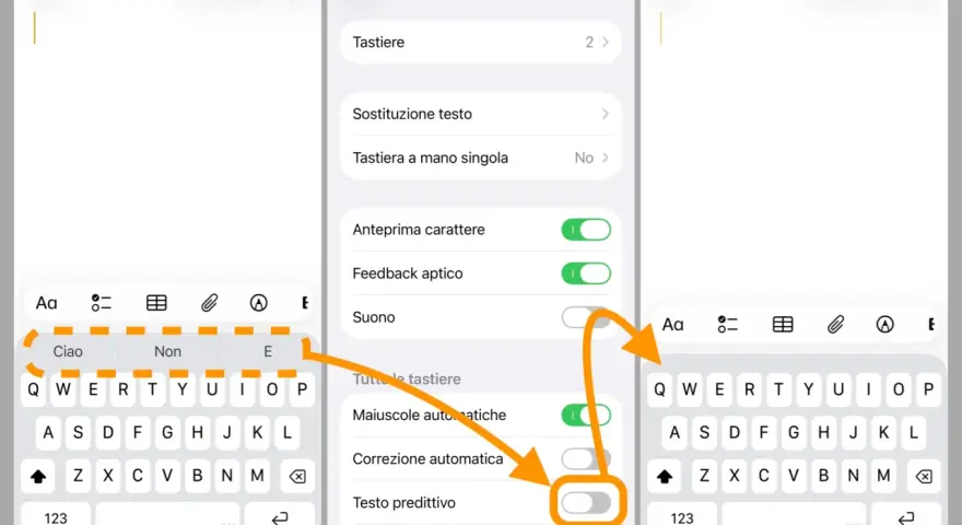Schermata delle impostazioni tastiera telefono. Il testo predittivo è disattivato.