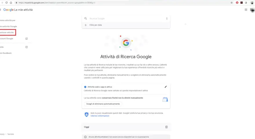 Gestione attività Google: visualizza la cronologia Google oggi, gestisci le ricerche e le attività web salvate per migliorare la tua esperienza.