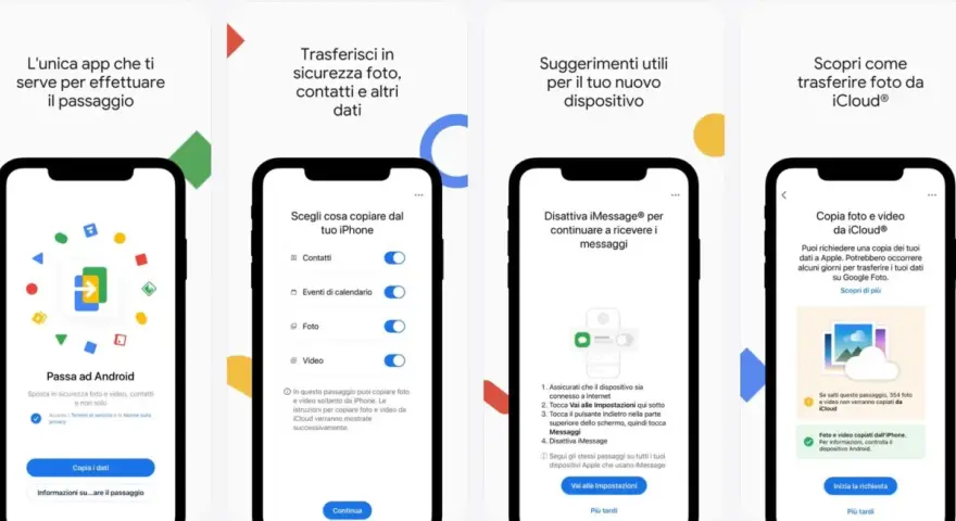 Schermate di un'app per il **cambio cellulare** e **trasferimento dati** da iPhone ad Android, con opzioni per copiare foto, contatti e video.