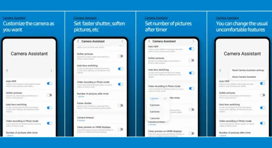 Schermate dell'app Camera Assistant Samsung per personalizzare le impostazioni della fotocamera, come Auto HDR e numero di foto dopo il timer.