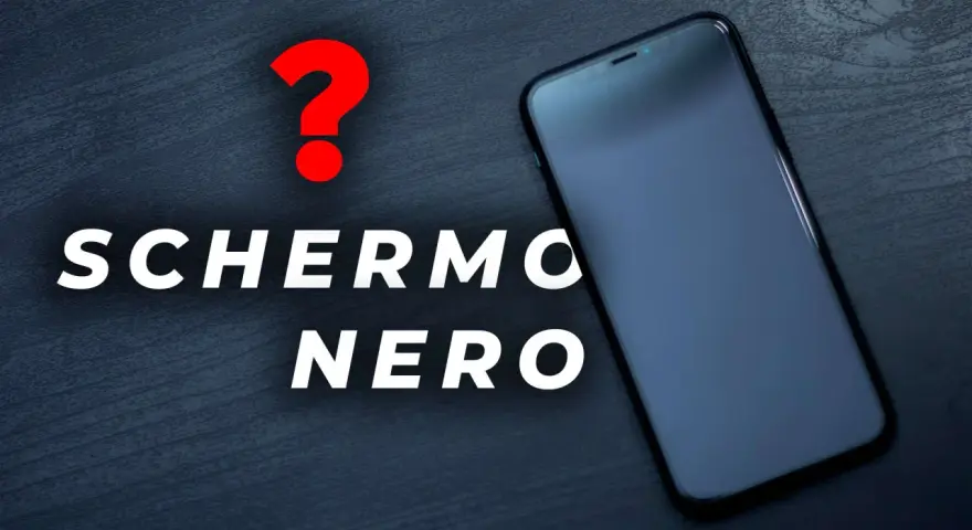 Un punto interrogativo rosso e la scritta "SCHERMO NERO" accanto a un iPhone con lo schermo spento.