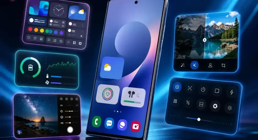 Smartphone Samsung con widget interattivi: meteo, foto, musica e impostazioni. La sensibilità al tocco Samsung rende l'esperienza fluida.