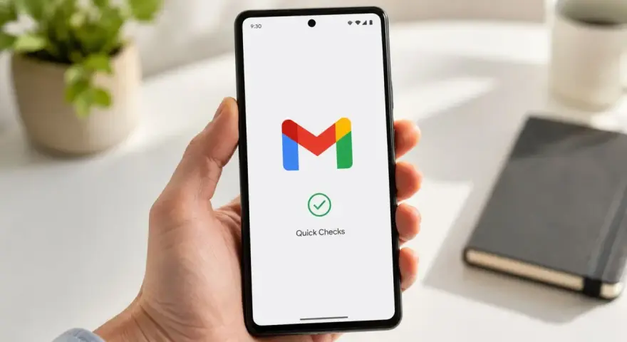 Smartphone con logo Gmail e "Quick Checks". Potrebbe indicare un problema di sincronizzazione Gmail o un controllo rapido.
