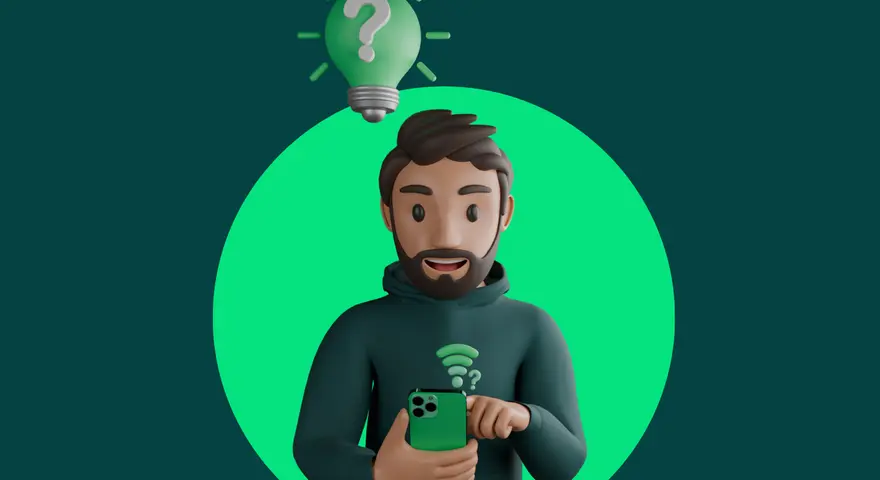 Uomo con smartphone e lampadina con punto interrogativo sopra la testa. La connessione dati non funziona, ma cerca una soluzione.