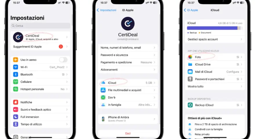 Schermate iPhone mostrano come liberare spazio iPhone gestendo iCloud, in particolare le foto.