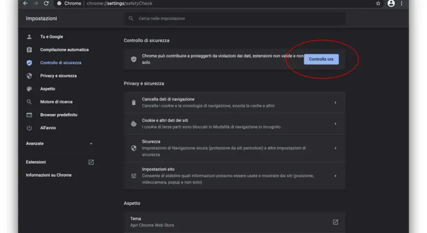 Impostazioni di sicurezza in Google Chrome. Il browser controlla violazioni dati ed estensioni non valide.