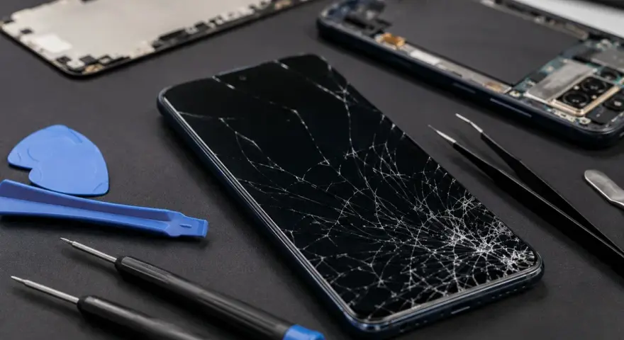 Smartphone Samsung con schermo rotto, pronto per la riparazione. Il touch screen non funziona più. Attrezzi per smontaggio inclusi.