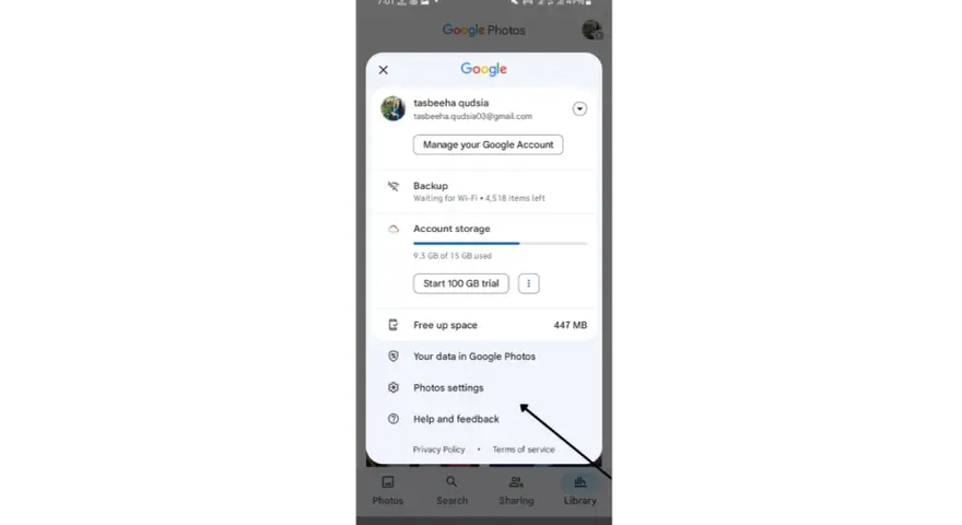 Menu di Google Foto con opzioni per backup, spazio account e impostazioni. Qui trovi anche le mie foto archiviate.