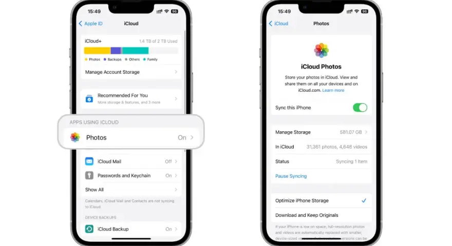 Impostazioni iCloud: gestione spazio, backup telefono e sincronizzazione foto.
