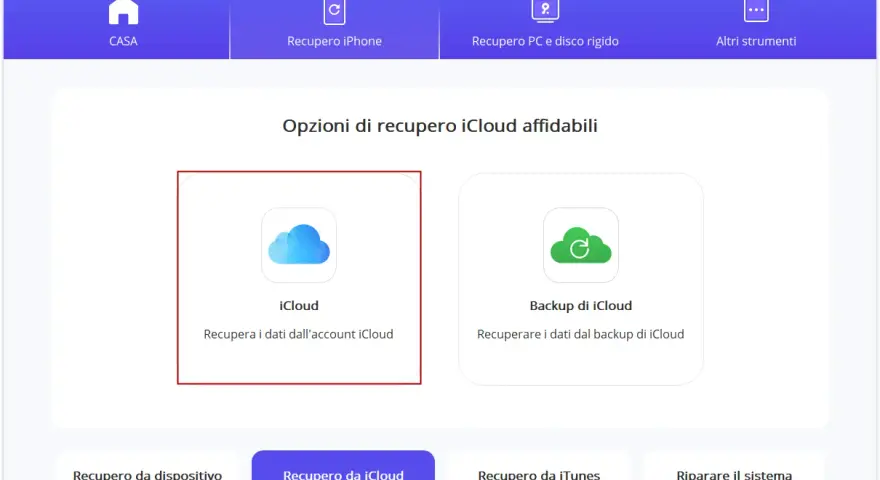 Interfaccia per il recupero dati iCloud. Seleziona "Recupero da iCloud" per accedere ai tuoi dati.