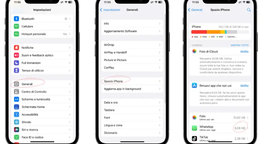 Guida per liberare spazio su iCloud: Impostazioni > Generali > Spazio iPhone. Qui trovi consigli per ottimizzare lo spazio.