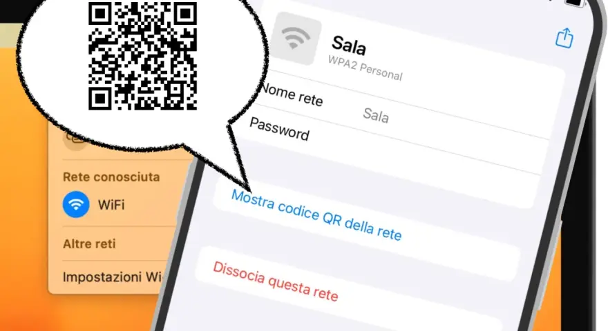 Codice QR per visualizzare password WiFi su Android. Mostra come condividere la rete "Sala" tramite QR code.