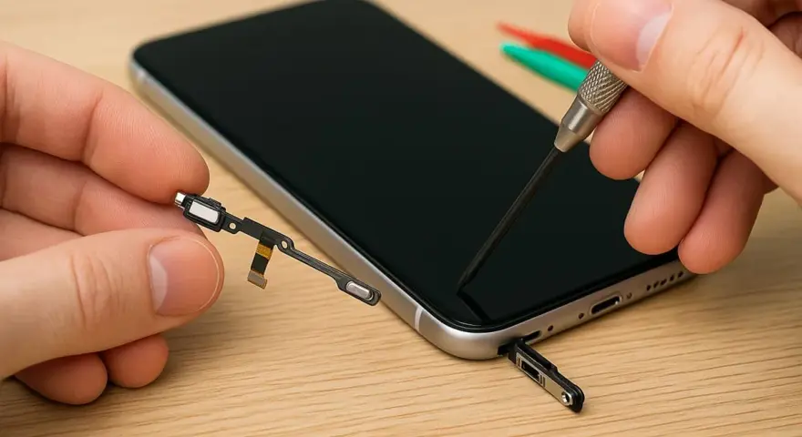 Riparazione tasto accensione rotto: un tecnico con pinzette e cacciavite lavora su un telefono, tenendo in mano il componente del tasto.