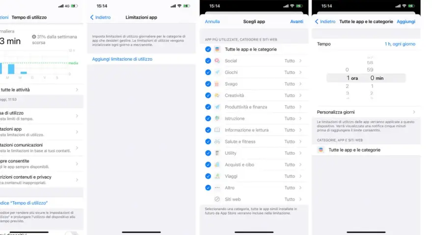Impostazioni per il tempo di utilizzo iPhone: 5h 33min giornalieri. Limiti per app, comunicazioni e contenuti.