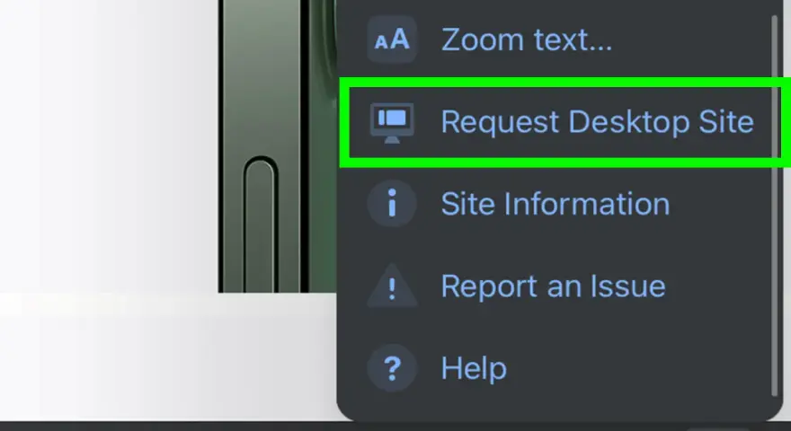 Menu del browser con opzione "Richiedi sito desktop" evidenziata, per visualizzare un sito desktop.