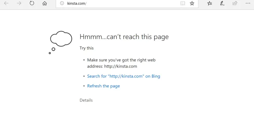 Errore DNS probe finished no internet. La pagina kinsta.com non si carica, suggerisce di controllare l'indirizzo o aggiornare.