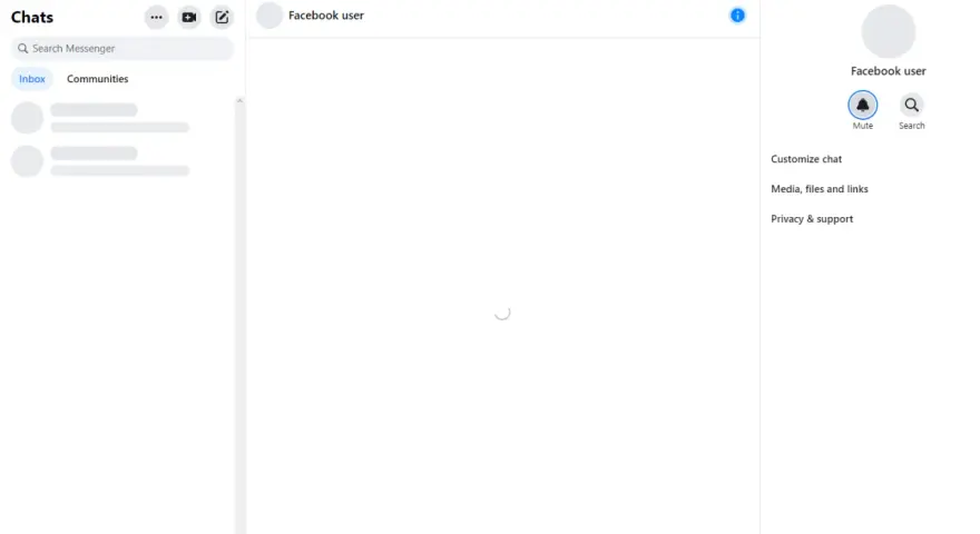 Interfaccia di Facebook Messenger con un caricamento in corso, suggerendo un messenger bloccato o in attesa di caricamento.