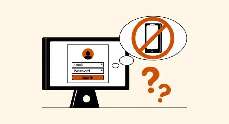 Schermata di login con campo email e password. Icona di divieto per smartphone e punti interrogativi suggeriscono come creare Gmail senza numero di telefono.