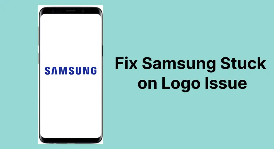 Schermata di un telefono Samsung bloccato sul logo, con testo che indica come risolvere il problema di spegnimento forzato Samsung.