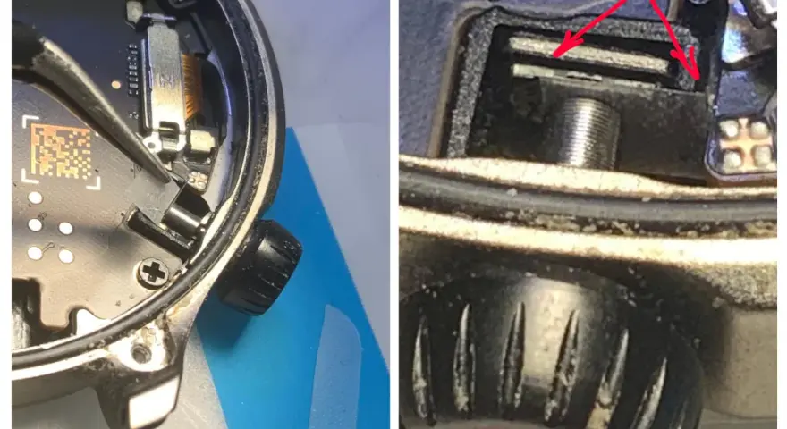 Dettaglio interno di uno smartwatch, forse un Amazfit GTR 4, con pinzette che manipolano un cavo flessibile. Si notano possibili problemi di assemblaggio o usura.