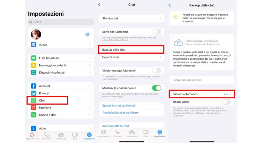 Impostazioni WhatsApp: per recuperare foto cancellate, vai su Chat > Backup delle chat. Esegui un backup automatico per sicurezza.
