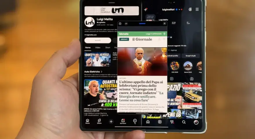 Menu test Huawei: il Giornale apre su un articolo del Papa, mentre sotto scorrono video su auto elettriche e recensioni.
