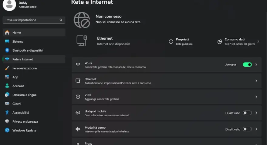 Impostazioni di Rete e Internet: "Non è possibile connettersi a questa rete". Wi-Fi attivo, Ethernet non disponibile.