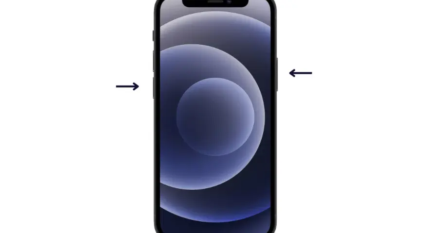 iPhone con frecce che indicano i pulsanti laterali, utile se non riesco a spegnere il telefono.