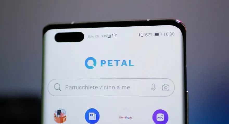 Schermata di uno smartphone con l'app Petal. La barra di ricerca mostra "Parrucchiere vicino a me", suggerendo una ricerca Petal per servizi locali.